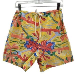 Vintage Yellow Orange Tropical Drawstring Surfer‎ Shorts